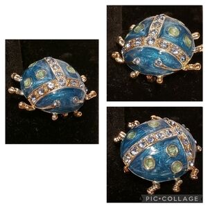Enamel & Rhinestone Beetle Bug Cute Brooch Pin Teal